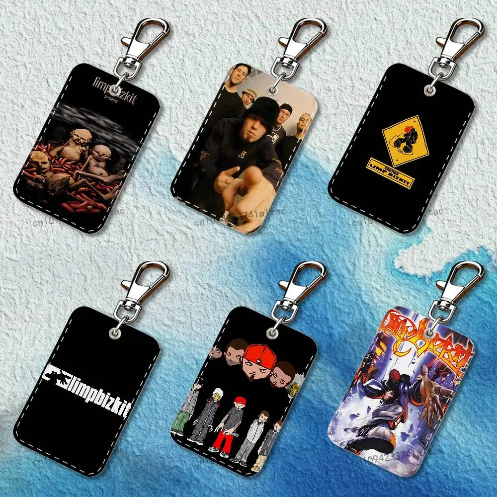 

L-Limp Bizkit Band Rectangle Card Case Keychain Access Card Bag Key Tag Ring Leather Card Holder Key Ring Access