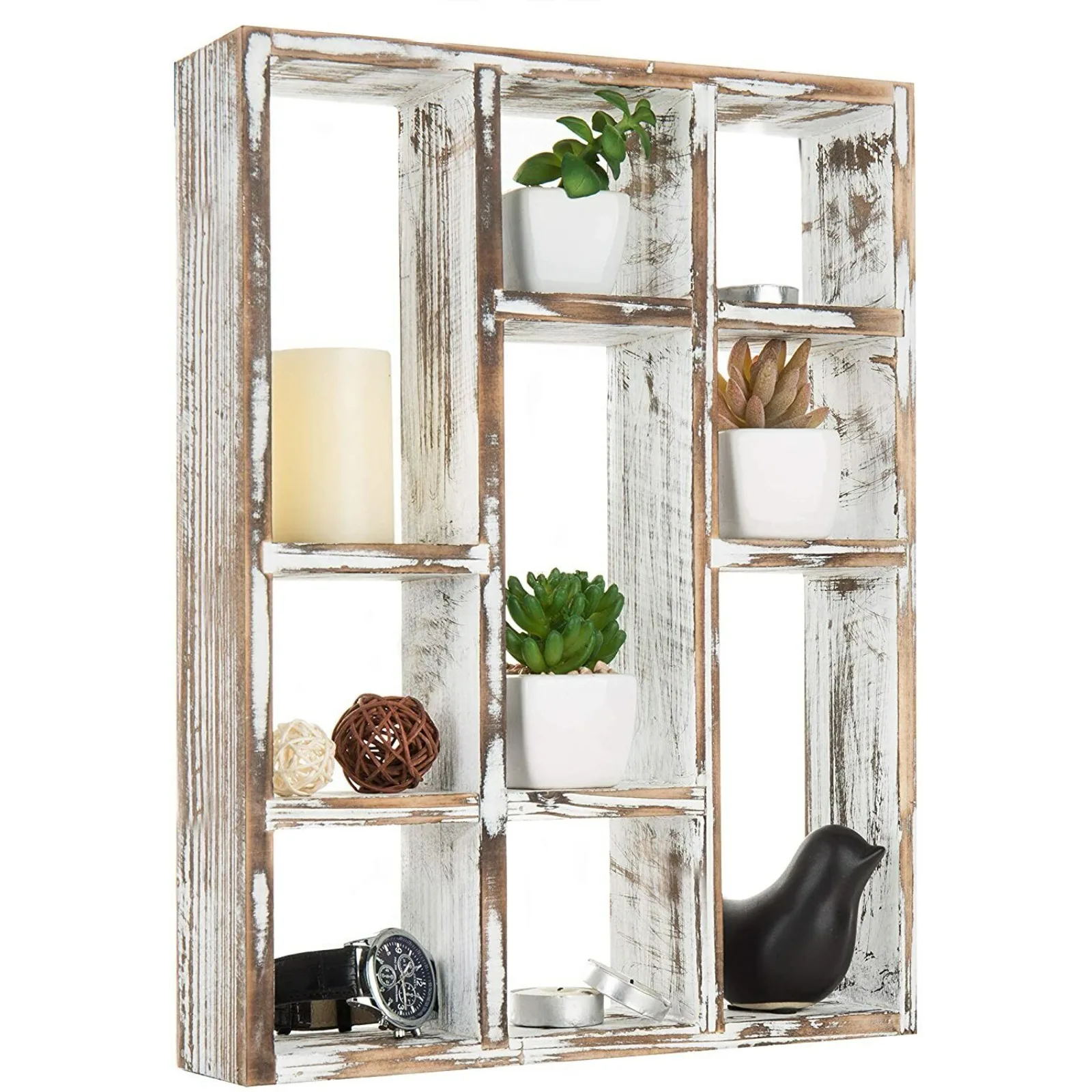 Vintage Whitewashed Wood Freestanding & Wall Mountable 9-Slot Shadow Box Shelf United States