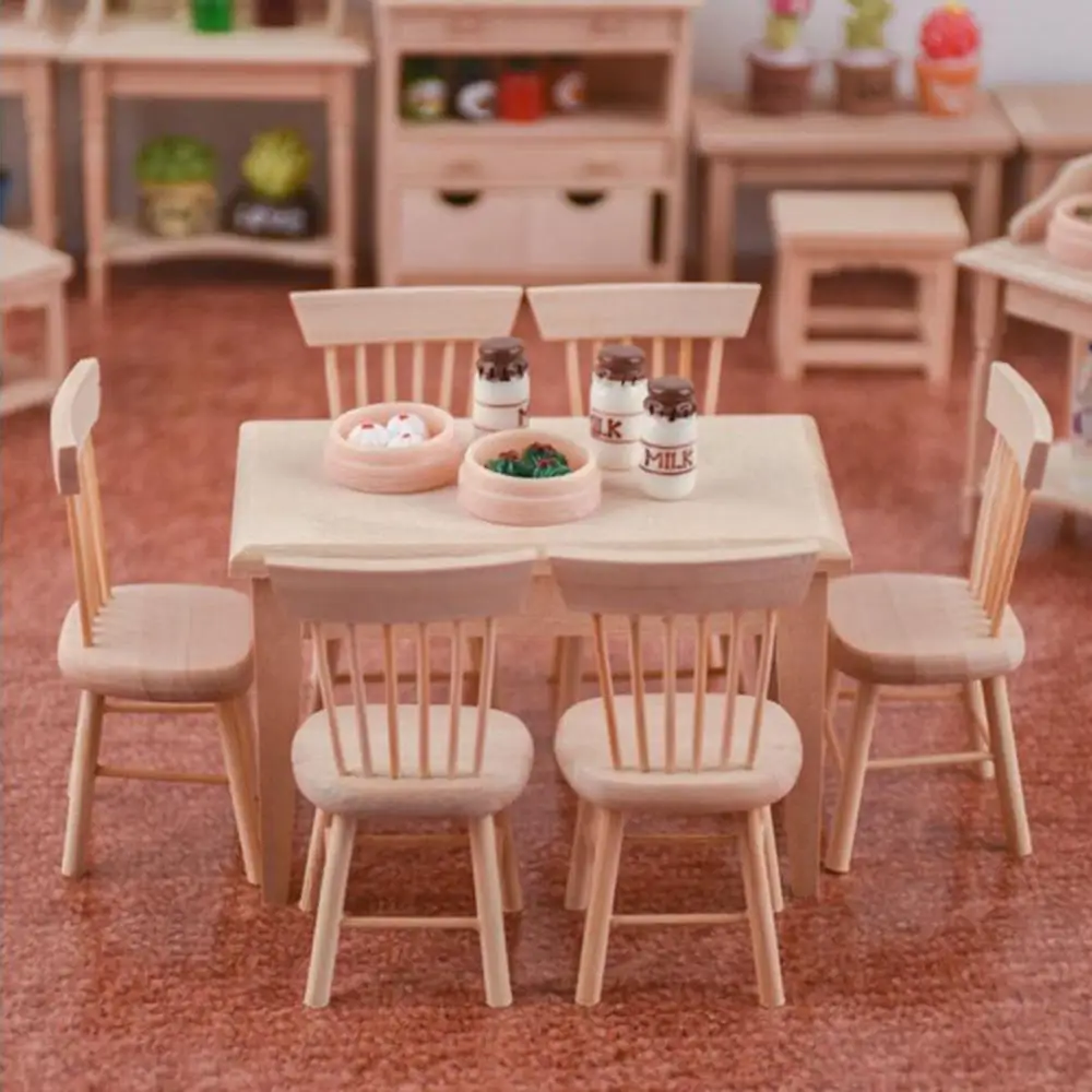 Ornament 1:12 Mini Decorative Wooden Miniature Table Dining Room Chair Dollhouse Furniture