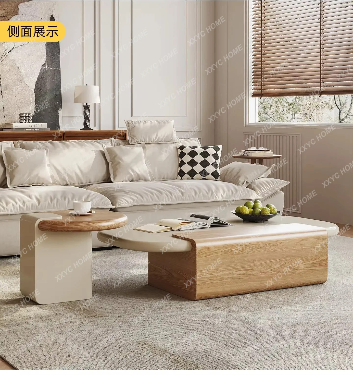 HJ  Log cream wind coffee table side table combination living room modern simple rectangular high-end low table
