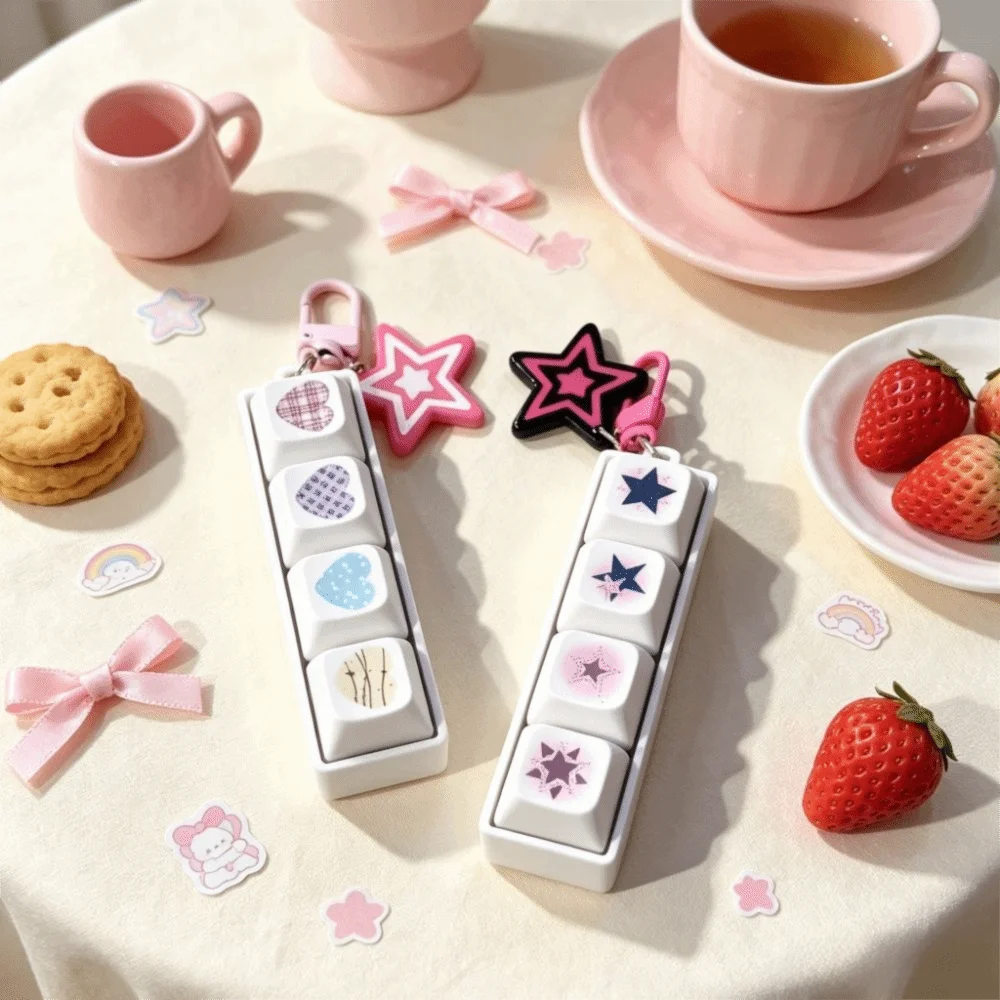Heart Star Shape Clicker Keychain Macaroon Color Keycap Design Fidget Keychain 4 Keys 9 Keys Keyboard Keychain Fidget