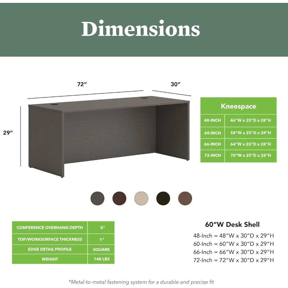 HON MOD Executive Desk 72-Inch Large Computer Desk Shell, Thick Wooden Laminate, Modern Table with Cord Management, 72 W x 30 D