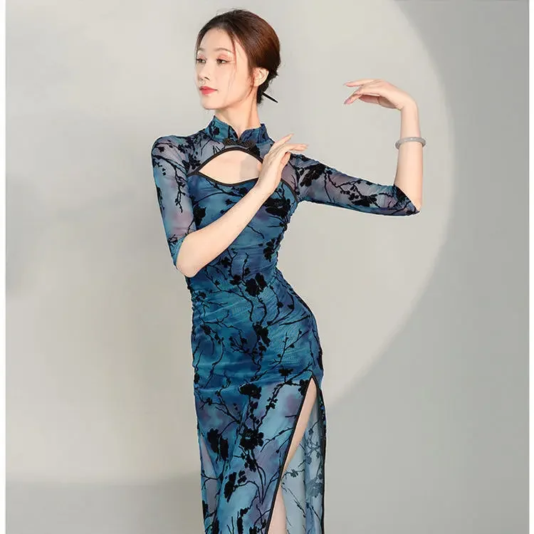 

Chinese Traditional Cheongsam Classical Dance Dress Sexy Slim Split Perspective Qipao Folk Fairy Dance Clothes Women Vestidos