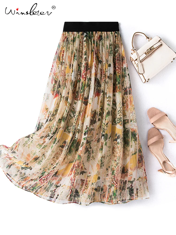 

Winsleter,100% Mulberry Silk Skirts,A-line Office Lady High-Waist Elegant Summer Long Skirt Printing Umbrella Skirt B36554QM