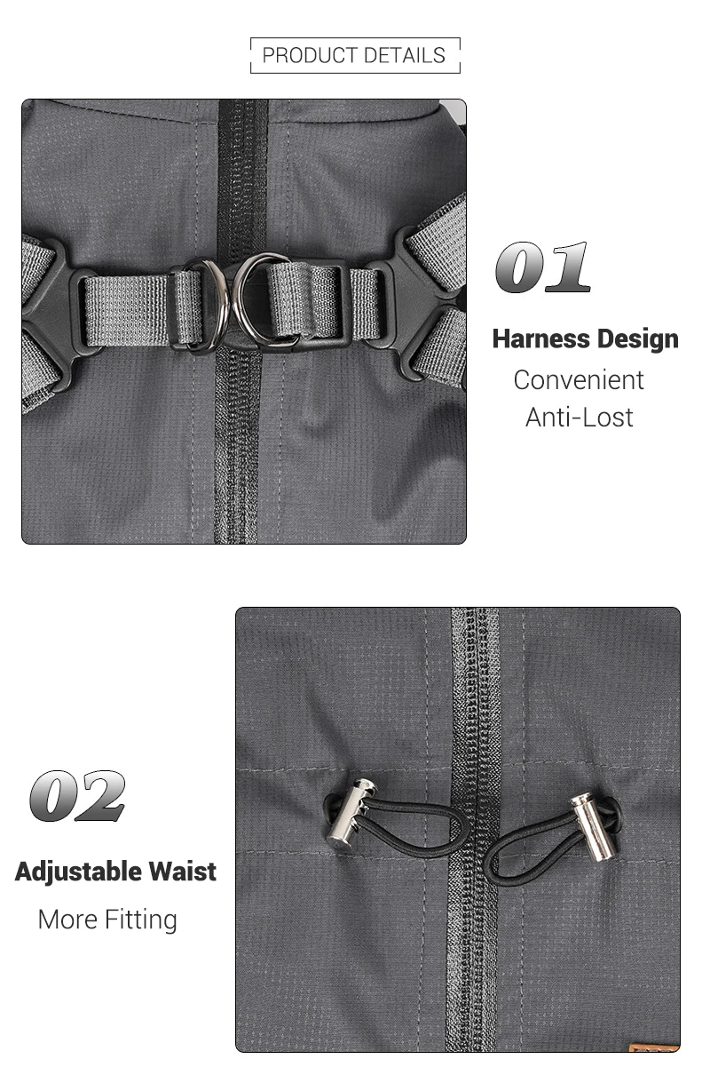 Hunderegenmantel mit Geschirr, wasserdichte Haustier-Regenjacke für kleine Hunde, verstellbarer, reflektierender Hunde-Regenoverall mit 4 Beinen – Detail 5