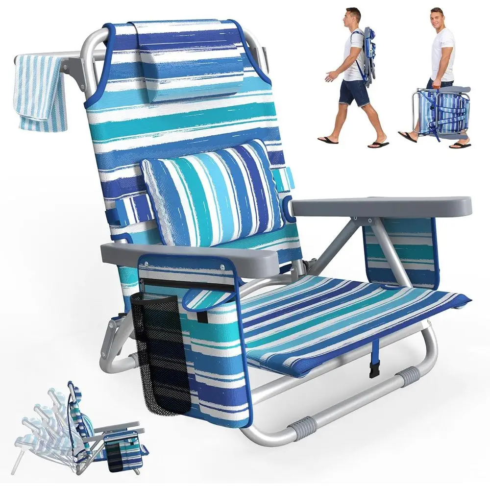 

Adjustable 5-Position Backpack Beach Chair with Cooler, Cup Holder, and Lumbar Support for All Ages