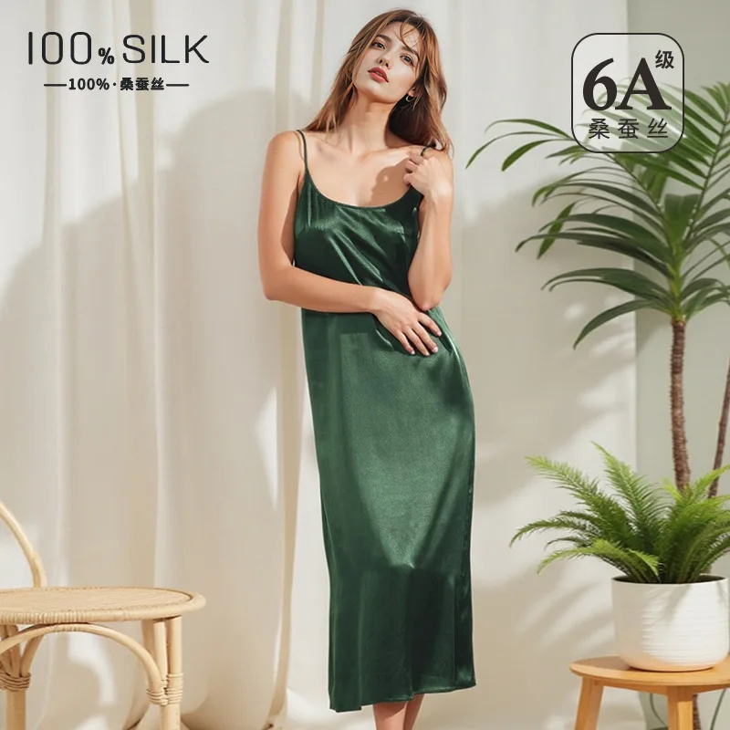 Vestido Lencero de Seda de Morera 100% de 19 Momme, de Gran Gramaje, Sexy, con Espalda Descubierta y Abertura, Camisón Largo, Bata Nupcial, Vestido de Descanso