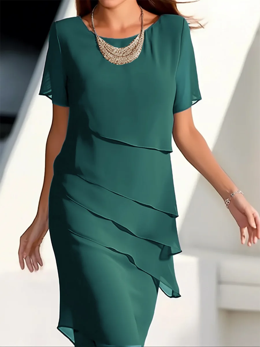 Women's Summer Solid Dress Fashion O-neck Pleated Edge Design Short Sleeved Dresses Ladies Casual Simple Medium Length Vestidos