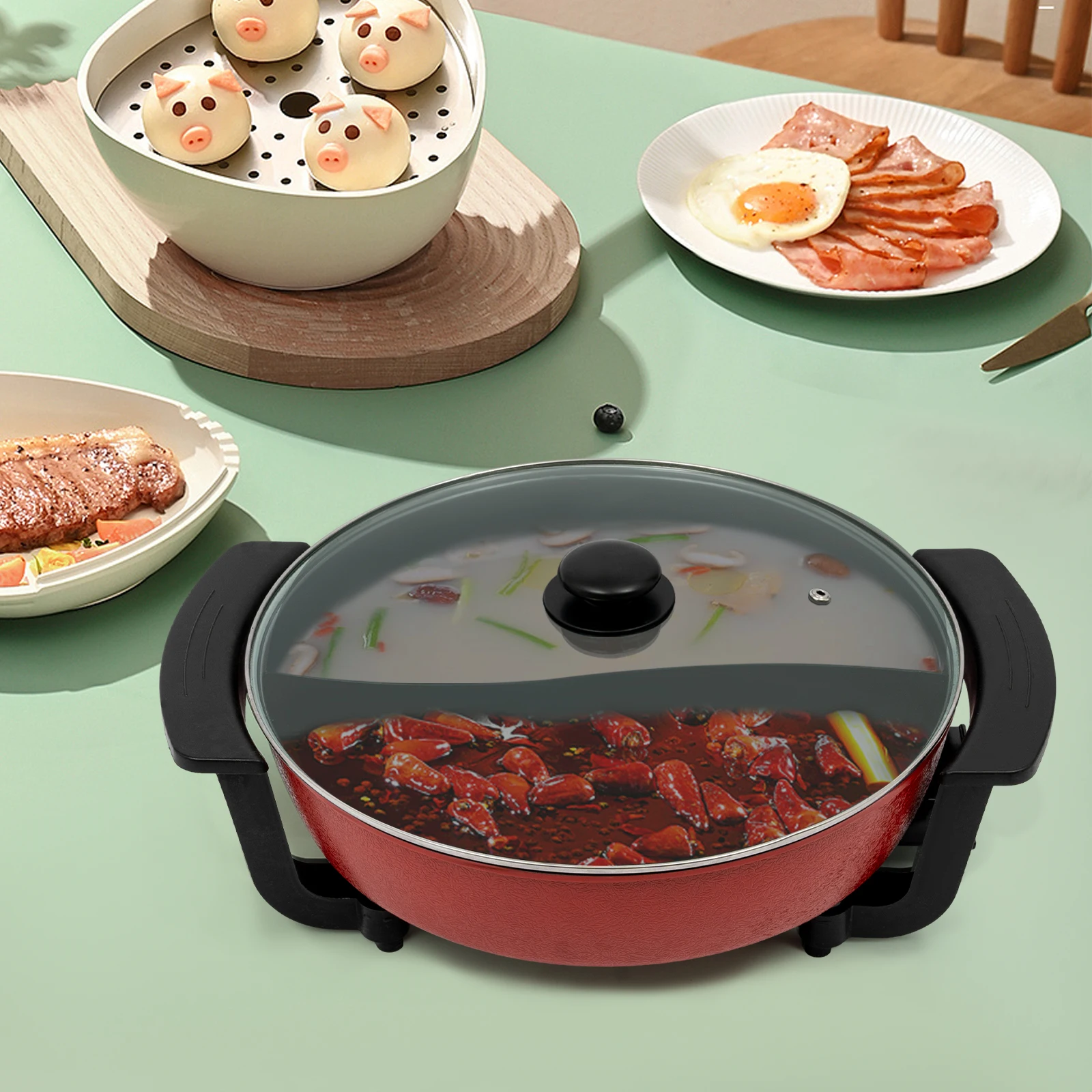 Olla caliente Shabu-shabu con tapa de vidrio, olla caliente eléctrica de cocina china antiadherente de acero inoxidable 304 de 6L adecuada para 3-4 personas