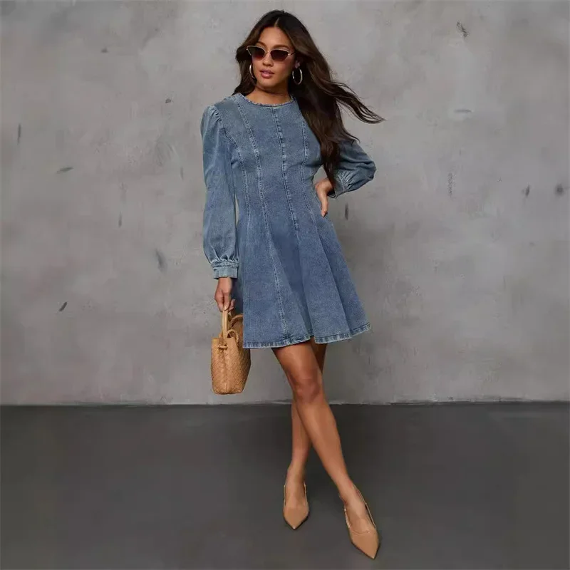 Elegant Denim Dress For Women New Autumn Long Sleeve A-Line Sexy Patchwork Slim Dresses Fashion Lady Club Streetwear Jean Dress