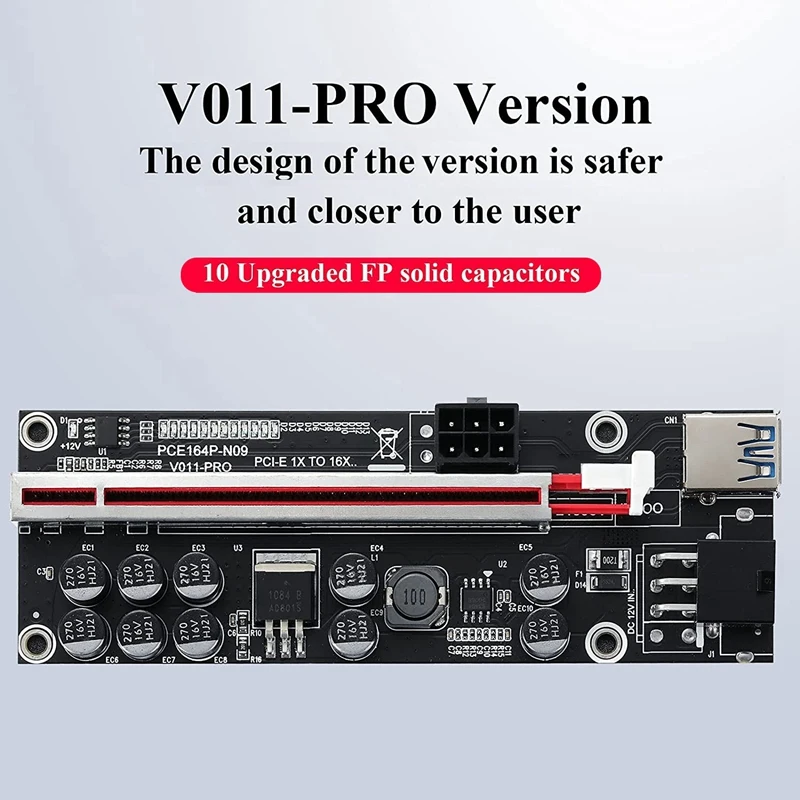 6 piezas V011pro PCIE Riser PCI Express 1X a 16X GPU Riser Card USB 3,0 Cable de extensión 10 condensadores sólidos para BTC Miner