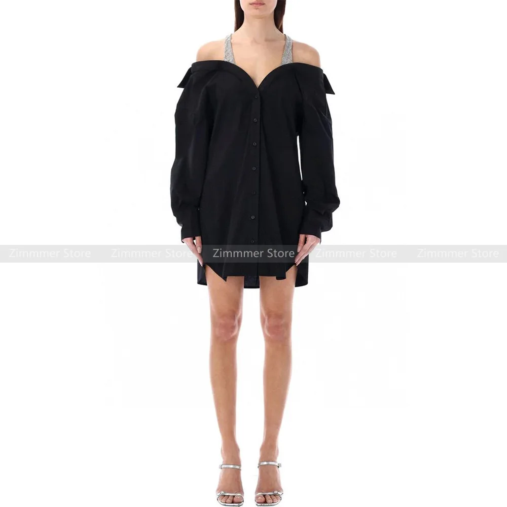 

24 Spring and summer simple casual style niche design halter style hot diamond shirt dress women's