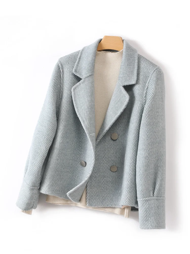 Large Lapel Short Buckle 100% Pure Wool Coat Female Reversible Woolen Coat Fashion Girl All-Matching Women\'s Wear