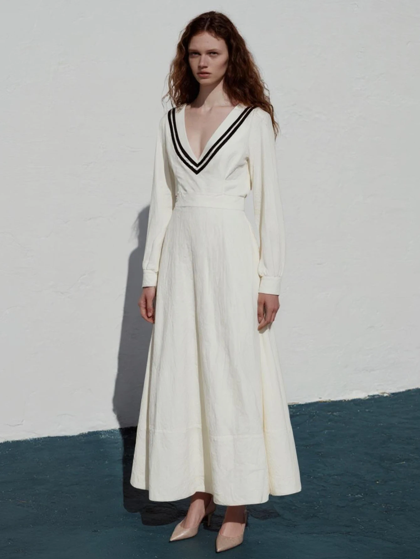 Women's Patchwork Long Sleeve Midi Dress K-Fashion Casual Plunge Neck Daily Dress for Summer Autumn