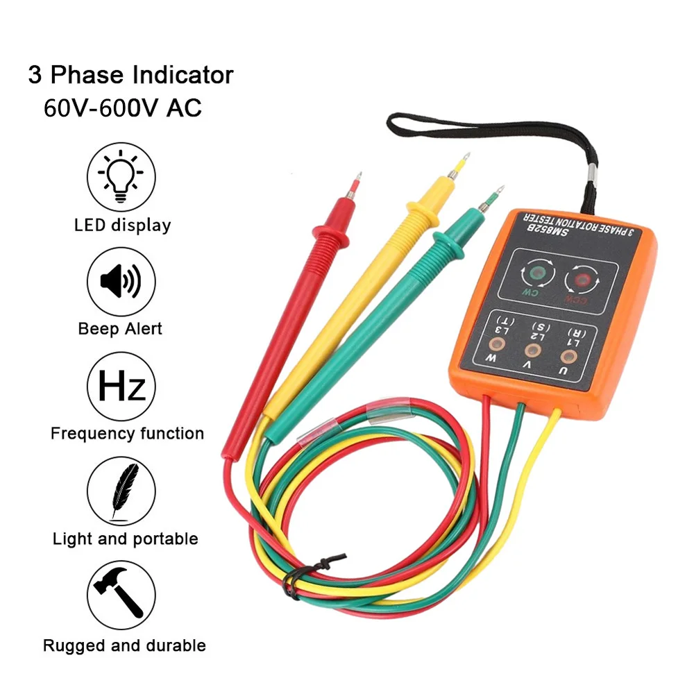 SM852B 3 Phase Rotation Tester Digital Phase Indicator Detector LED Buzzer Phase Sequence Meter 60V~600V AC Voltage Tester