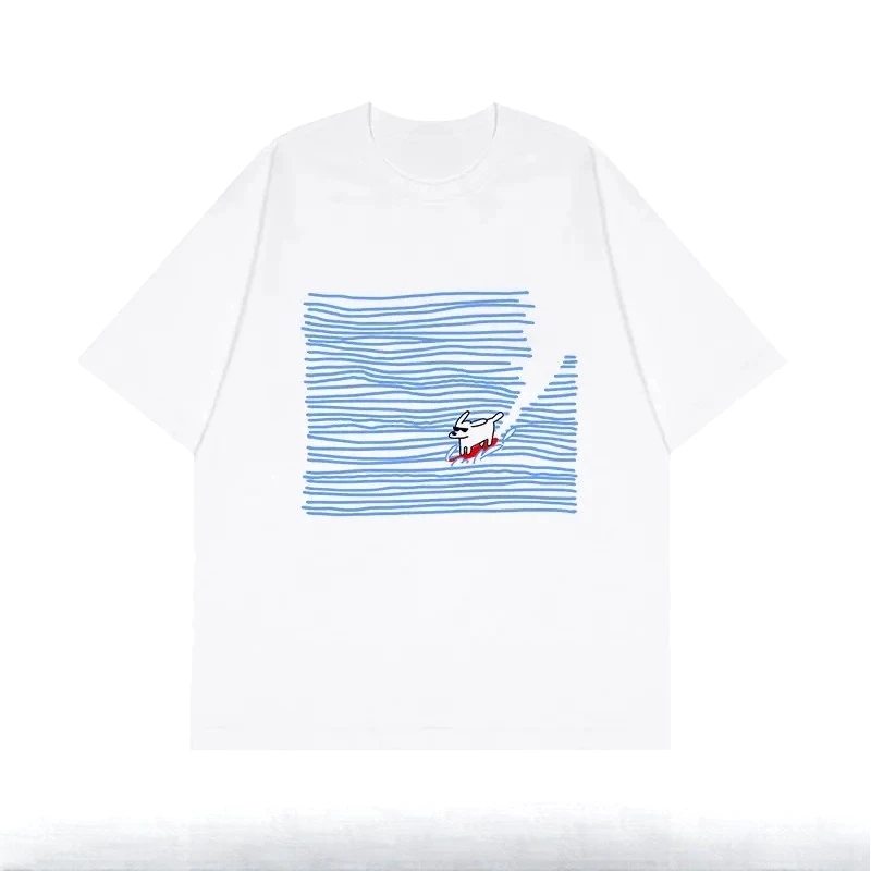 Artistic Blue Line Dog Surfing Hand Drawn Pure Cotton Printed T-shirt Women's Fashion Trendy Clearance Sales for Woman Clothing
