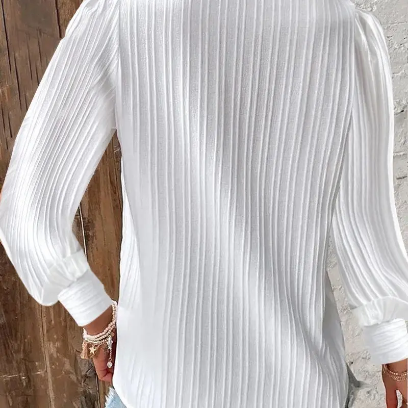 Solid Pullover Blouse Women Shirts Lace Spliced V Neck Blouses Loose Fit Summer Casual 2025 Slight Strech Basics Long Sleeve - Image 3