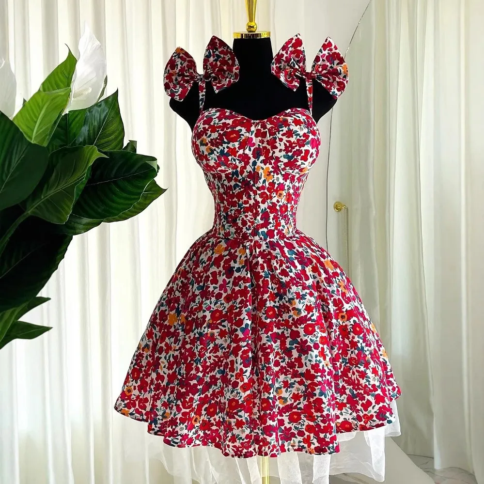 Spring Elegant European American Style Casual  Floral Print Halter Bow Lace-up Dresses High Waist Bowknot A-line Short Dress