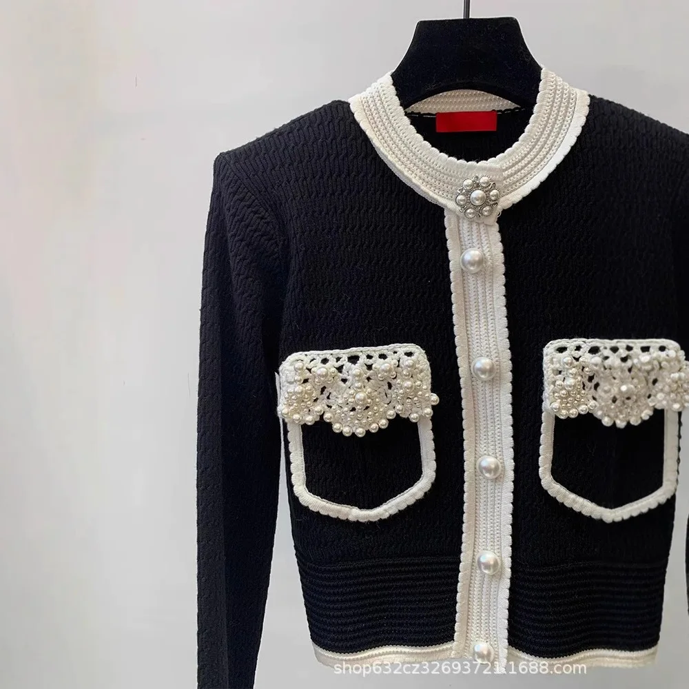 Luxury Pearls Beaded Knitted Cardigan Spring Hooked Flowers Crocheted Sweater Coat Jacket Knitwear Jumpers Contrast Color Tops