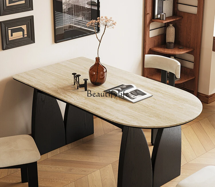 Black solid wood oval dining table minimalist French retro ash wood small apartment