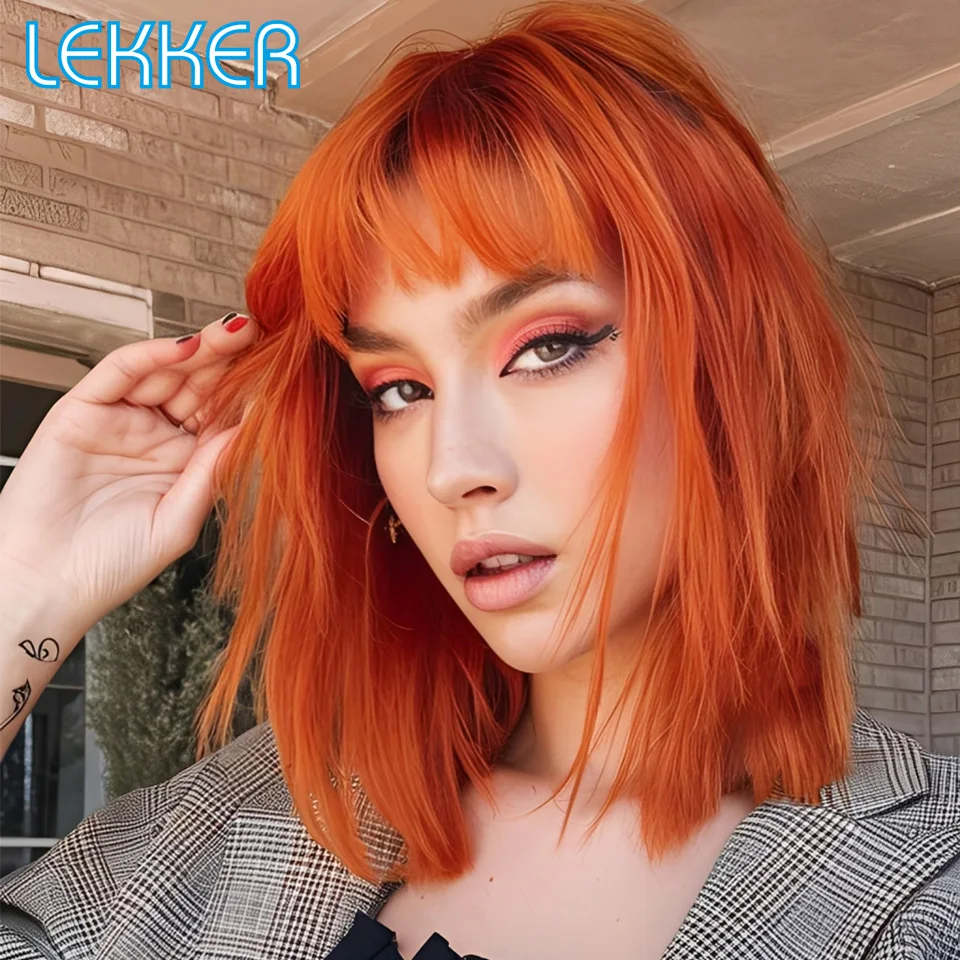 

Lekker Clearance Ginger Short Straight Bob With Bangs 100% Human Hair Wigs For Women Brazilian Remy Hair Full Machine Made Wigs