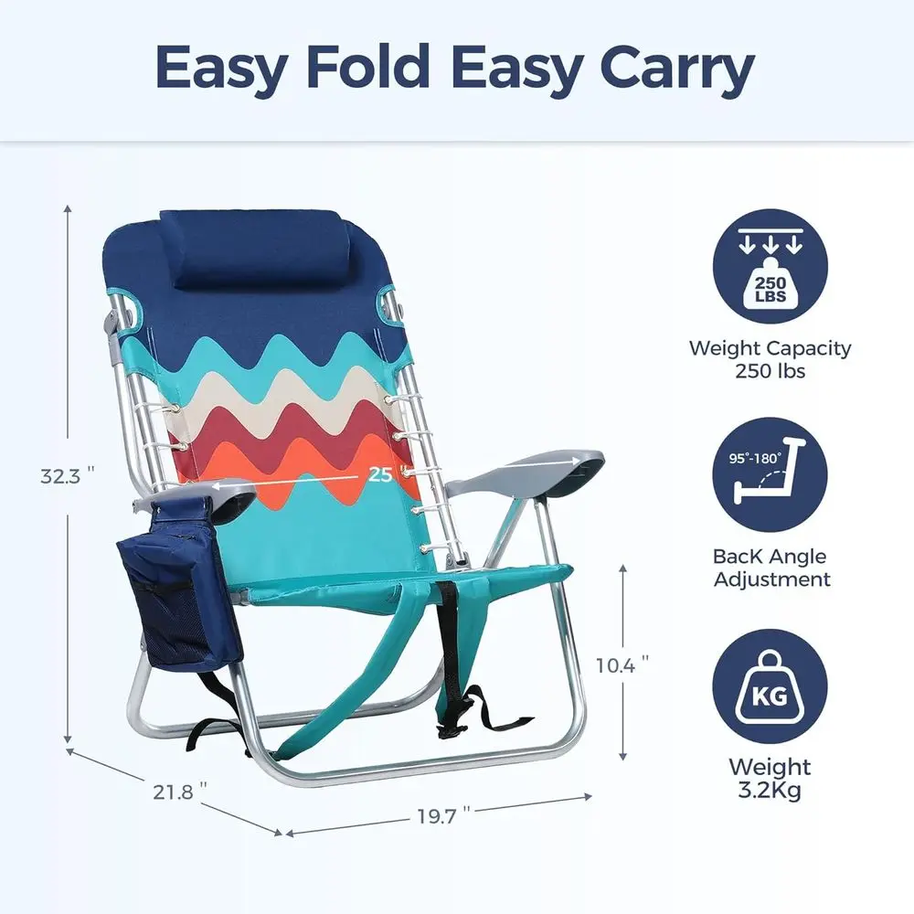 Backpack Beach Chair Set o 2, 4-Position Classic Lay lat, Pillow and Padded Shoulder Straps, Storage Pouch and Towel Bar, Suppor