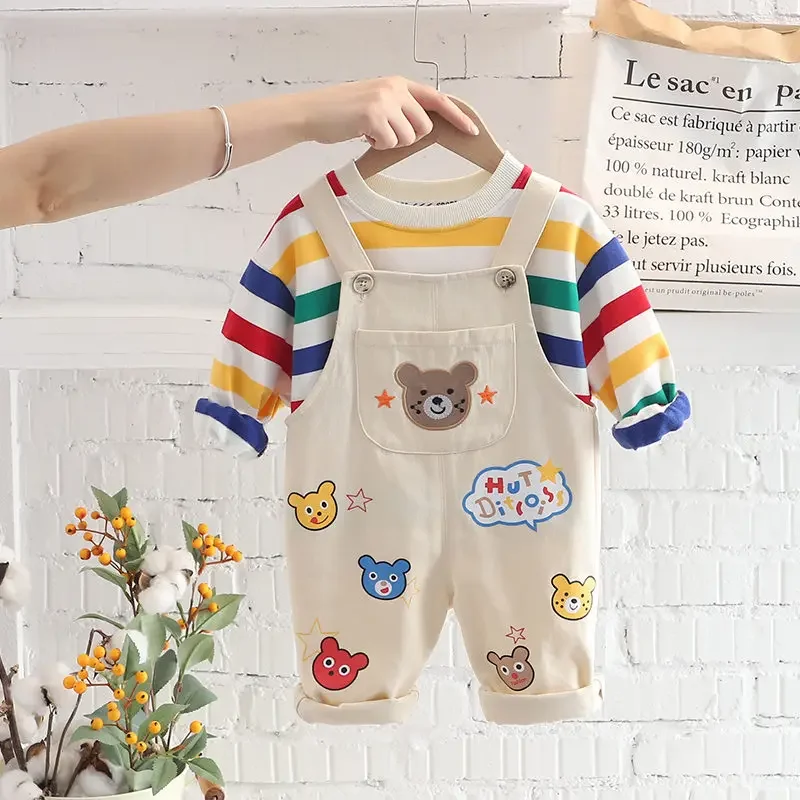 

New Kids Boys Tracksuit Kids Long Sleeve Rainbow T-Shirt Bib Pants Overalls 2pcs/Set Children Clothing Infant Sport Formal Suit