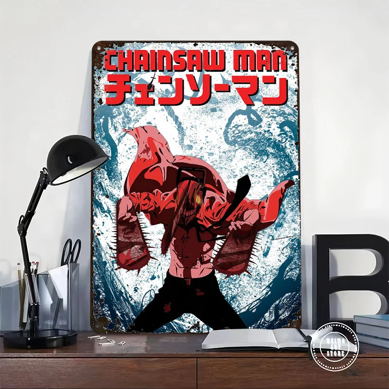 Chainsaw Man Tin Sign Wall Art Poster Home Decor Vintage Retro Metal Signs for Home Decoration Gaming Room Decoration Interior