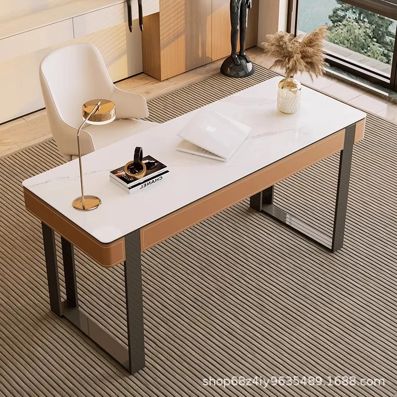 Saddle leather desk light luxury solid wood modern study computer table Italian minimalist home writing workbench desk
