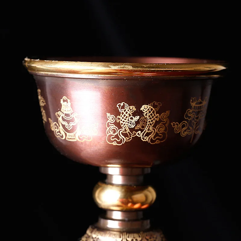 Copper Eight Auspicious Symbols Ghee Lamp Stand with Carved Design and Gold Trim for Buddhist Worship
