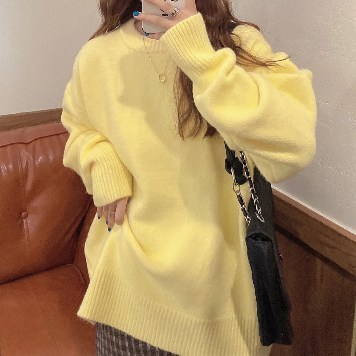 

Желтый свободный женский вязаный свитер, круглый пуловер Ne, осень-зима, теплый повседневный универсальный цветной свитер для поездок на работу