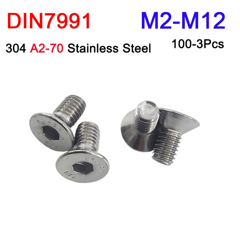 304 Stainless Steel Hex Socket Screw Countersunk Flat Bolts DIN7991 Motorcycle Metal Fasterner M2 M2.5 M3 M4 M5 M6 M8 M10 M12