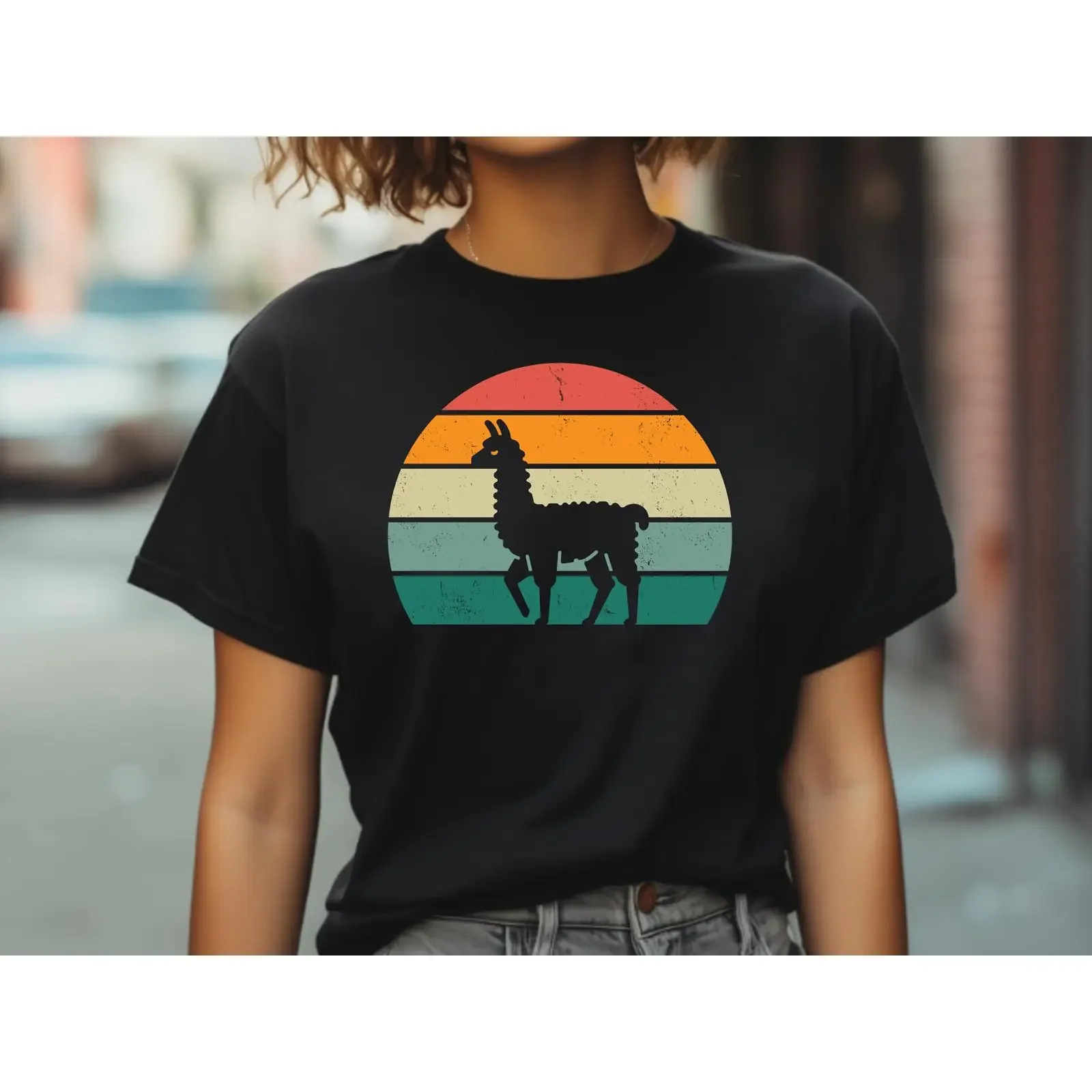 Vintage Retro Sunset Llama T Shirt Cute Lover Casual Animal Themed for Enthusiasts vintage Washed Top For Everyday Wear Soft
