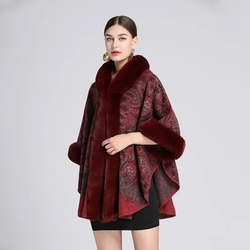 

Autumn Winter New Imitation Otter Rabbit Fur Collar Jacquard Hooded Shawl Cape Imitation Wool Ponchos Red Capes Women Cloak