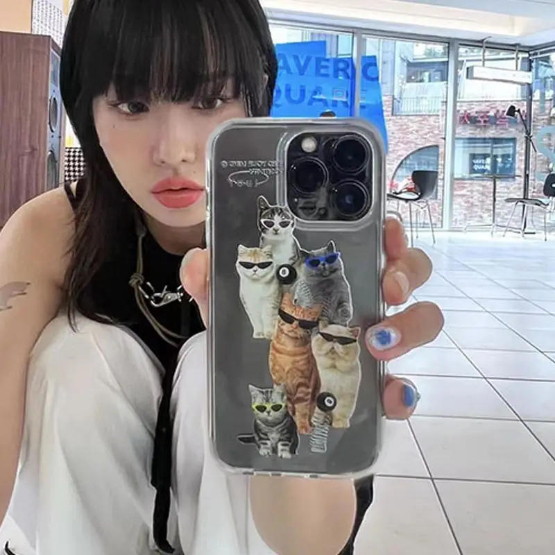 Casing Ponsel Kacamata Hitam Kucing Keren untuk IPhone 7 8 11 12 13 14 Pro Max X XS XR SE Cangkang Lunak Transparan Korea INS Lucu Punk Y2K