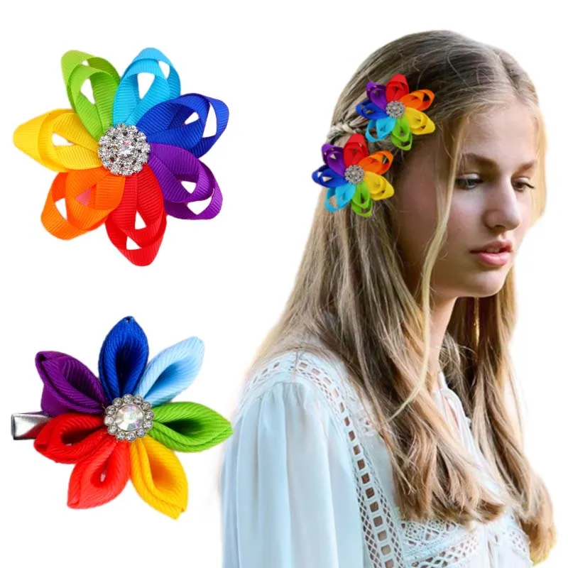 ncmama 2Pcs/set Pride Day Rhinestones Flower Hair Clips for Women Sweet Girls Rainbow Hairpin Ladies Headwear Hair Accessories