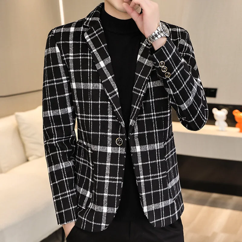 

Модный мужской повседневный приталенный костюм в клетку, весенне-осенний, новая корейская версия, высококачественная верхняя одежда с длинными рукавами