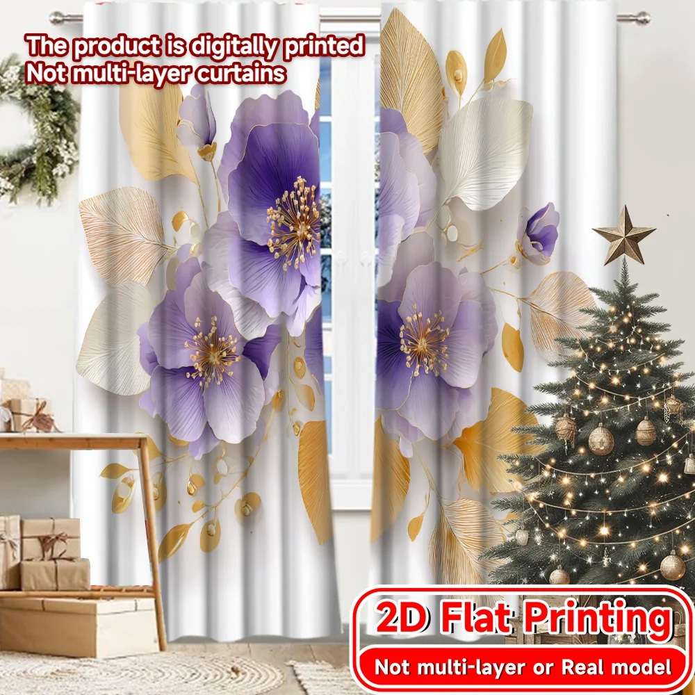 2D Flat Printing,2pcs Elegant Blooms Chic Curtain Cloth Durable Polyester Curtains Festive for Semi-Transparent Living Room