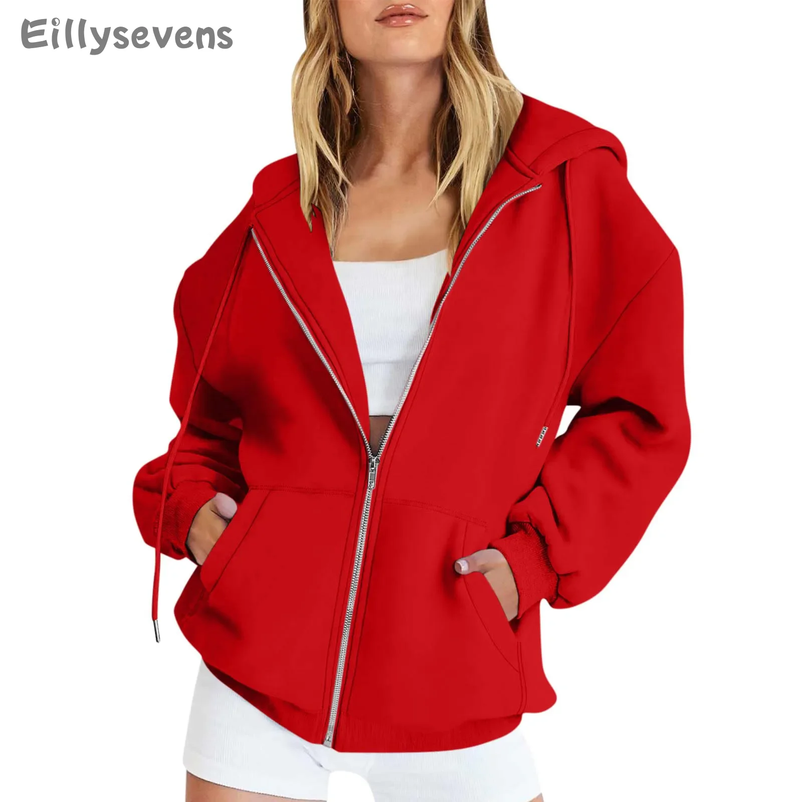 

Women's Hooded Sweatshirt Street Costume Running Sweatshirts Casual Fashion Solid Color Long Sleeved Zippered Hooded Sportwear