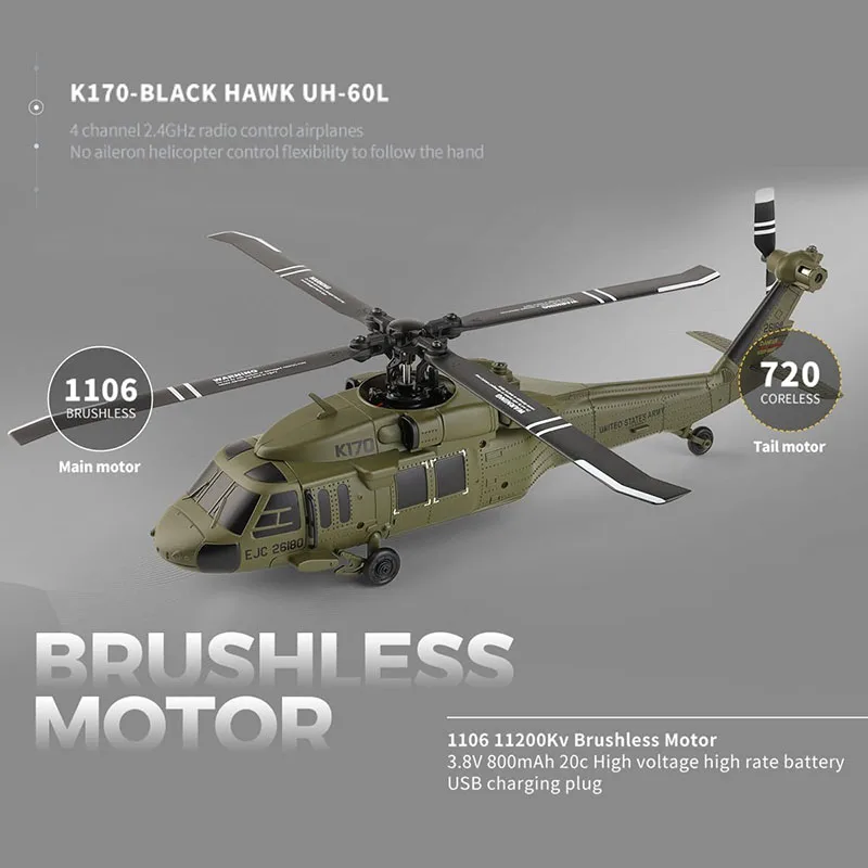 Kidaromo WL K270 UH-60L Hélicoptère RC 4 canaux, modèle d'hélicopte militaire sans barre sans balais avec maintien d'altitude, flux optique et décollage à une touche, avion RC adapté aux débutants