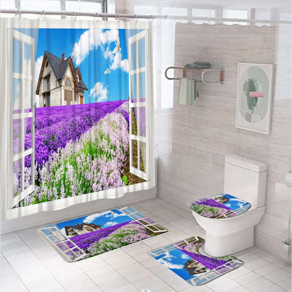 Purple Lavender Floral Shower Curtain Set For Bathroom Decor Farmhouse Flower Field Window Carpet Rug Bath Mat Toilet Seat Cover