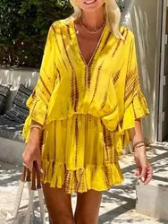 Women's Holiday Mini Dress Fashion Print V Neck High Waist Loose Dresses For Women Casual Beach Party Skirt Dresses Lady Summer
