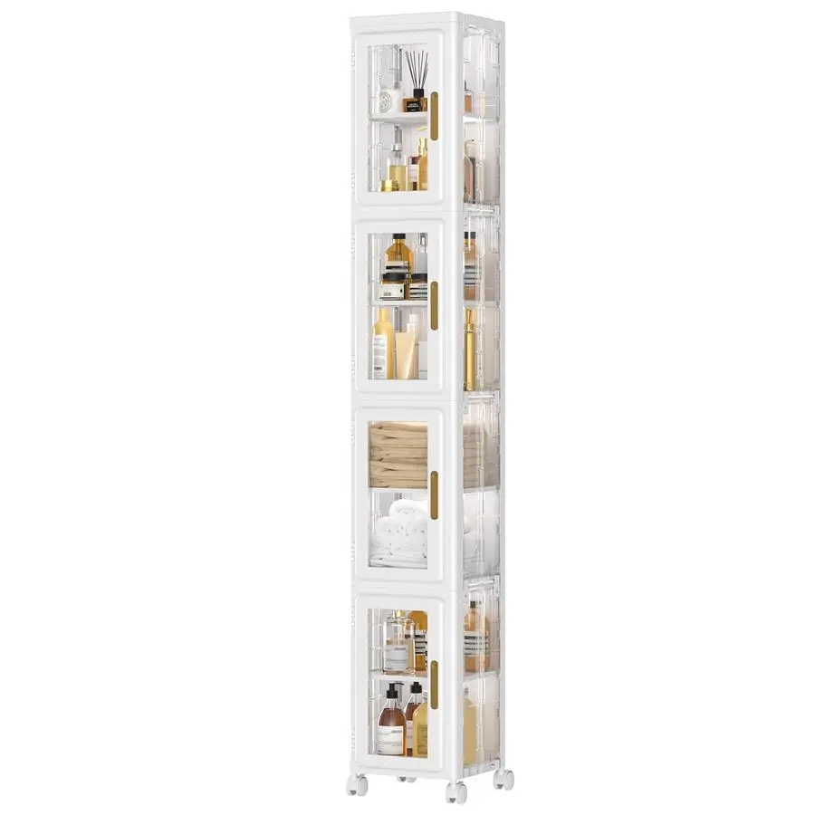 

4 Tier Tall Plastic Slim Storage Cabinet with Lockable Wheels, Adjustable Shelves, AntiTip for Bathroom, Living Room, Laundry Ro