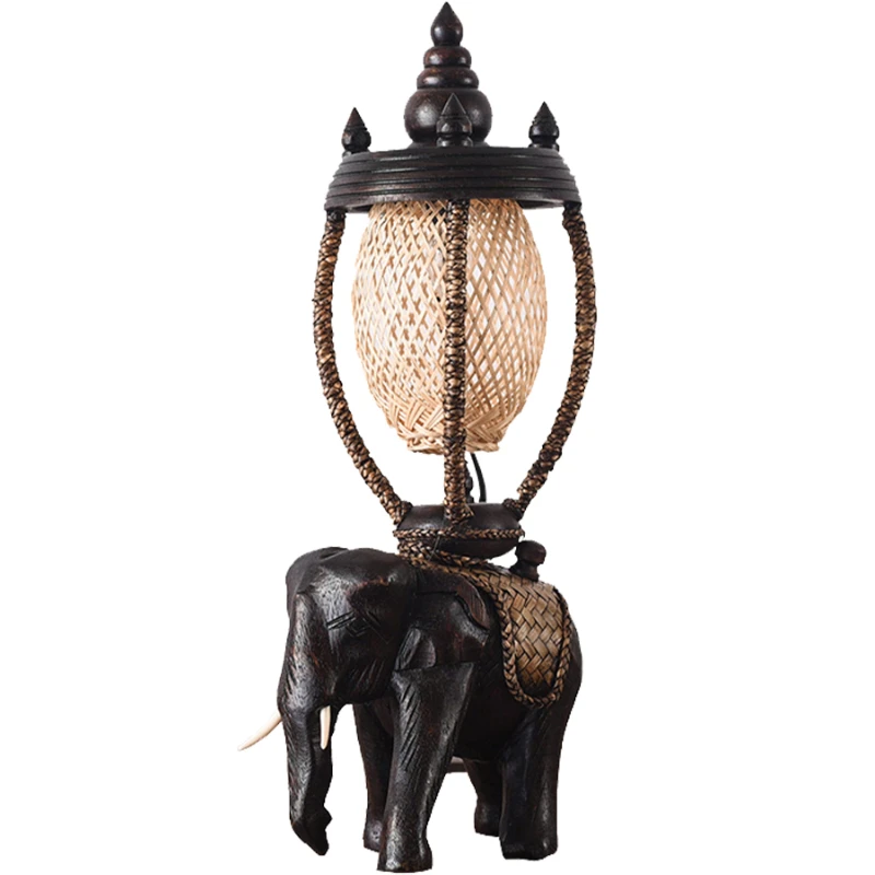 Thai vintage solid wood elephant table lampSoutheast Asian style creative personality warm bedroom bedside lighting