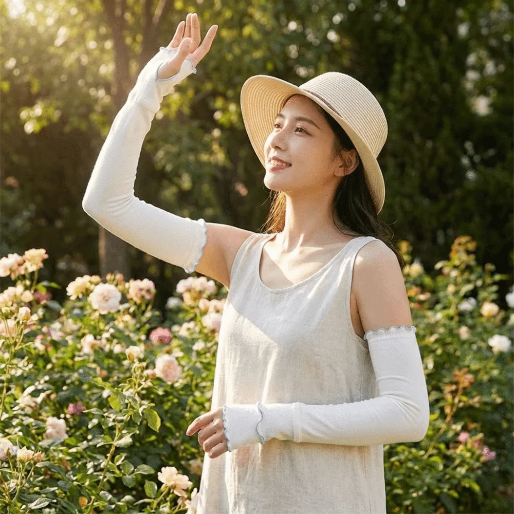 

Fashion Ruffles Ice Silk Arm Sleeves Flared Solid Color Sunscreen Arm Sleeves Large UV Protection Cycling Arm Cover Driving