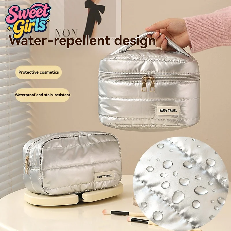 Bolsa de Maquiagem de Luxo Dourada, Bolsa de Armazenamento Multifuncional Prateada, Bolsa de Higiene Portátil com Grande Capacidade para Uso Externo