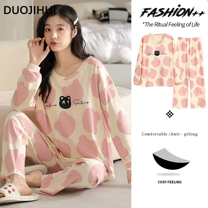 

DUOJIHUI Spell Color Simple Printed Pajamas for Women with Chest Pad Pullover Basic Loose Pant Fashion Autumn Female Pajamas Set