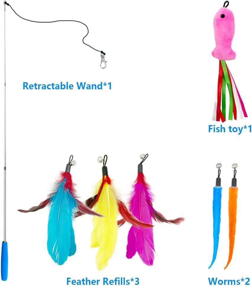 Cat Toys for Indoor Cat, 1PCS Retractable Cat Wand Toy and 5PCS Cat Feather Toys Refills and 1PCS Fish Teaser Refills, Interacti