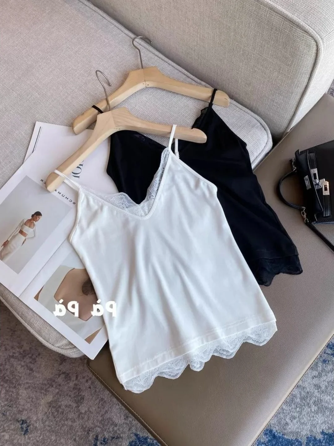 Lace Trim Splice V-neck Strapless Vest Loose Slimming Sleeveless Extra Large Size Women's Top Casual Style Summer Fashion