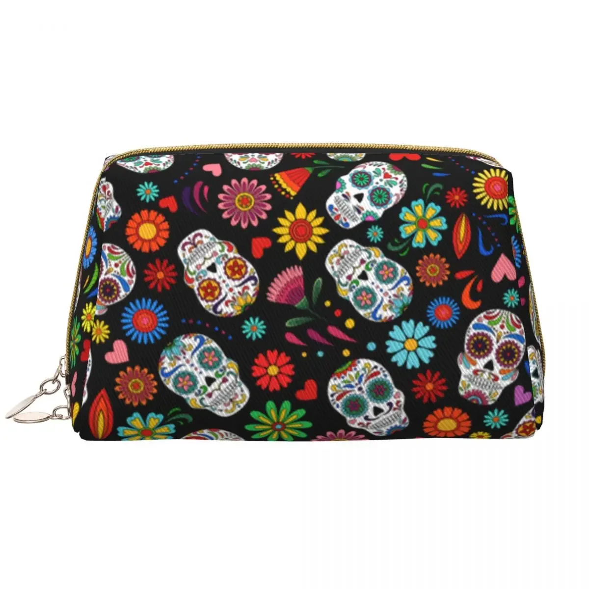 حقيبة مكياج يوم الموتى على شكل زهرة جمجمة للنساء للسفر ومنظم مستحضرات التجميل وحقائب تخزين لطيفة لأدوات الزينة